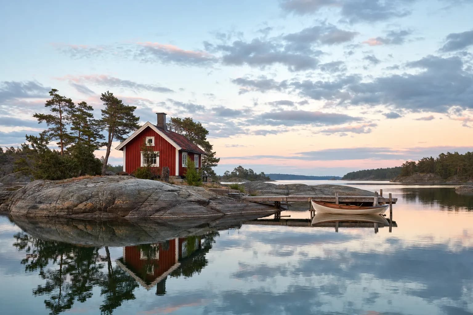 A red wooden cottage with white trim on a granite islet in the Stockholm archipelago at dusk, a jetty and a moored rowing boat on still water