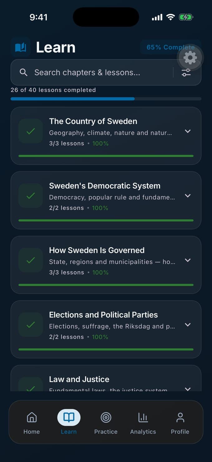 The Learn screen in Medborgarskapsprov: 26 of 40 lessons completed, 65% complete, with the chapters The Country of Sweden, Sweden's Democratic System, How Sweden Is Governed, Elections and Political Parties and Law and Justice