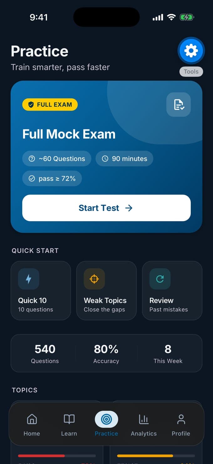 The Practice screen in Medborgarskapsprov with the Full Mock Exam card, Quick 10, Weak Topics and Review
