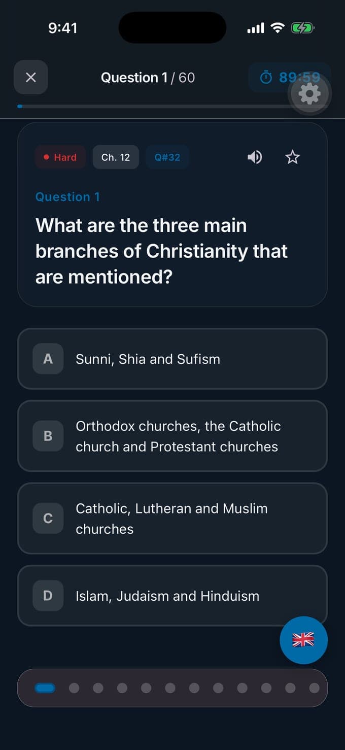 A timed mock question in Medborgarskapsprov, question 1 of 60 with 89:59 on the clock, asking which three main branches of Christianity are mentioned, with four options and a flag button to switch to Swedish