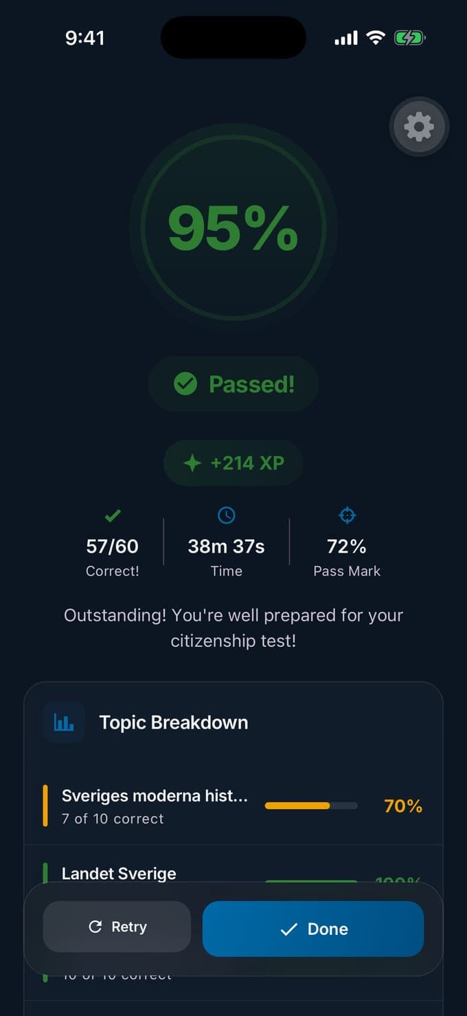 A mock result in Medborgarskapsprov: 95%, passed, 57 of 60 correct in 38 minutes 37 seconds against a 72% pass mark, with a topic breakdown that starts with Sweden's modern history at 70%