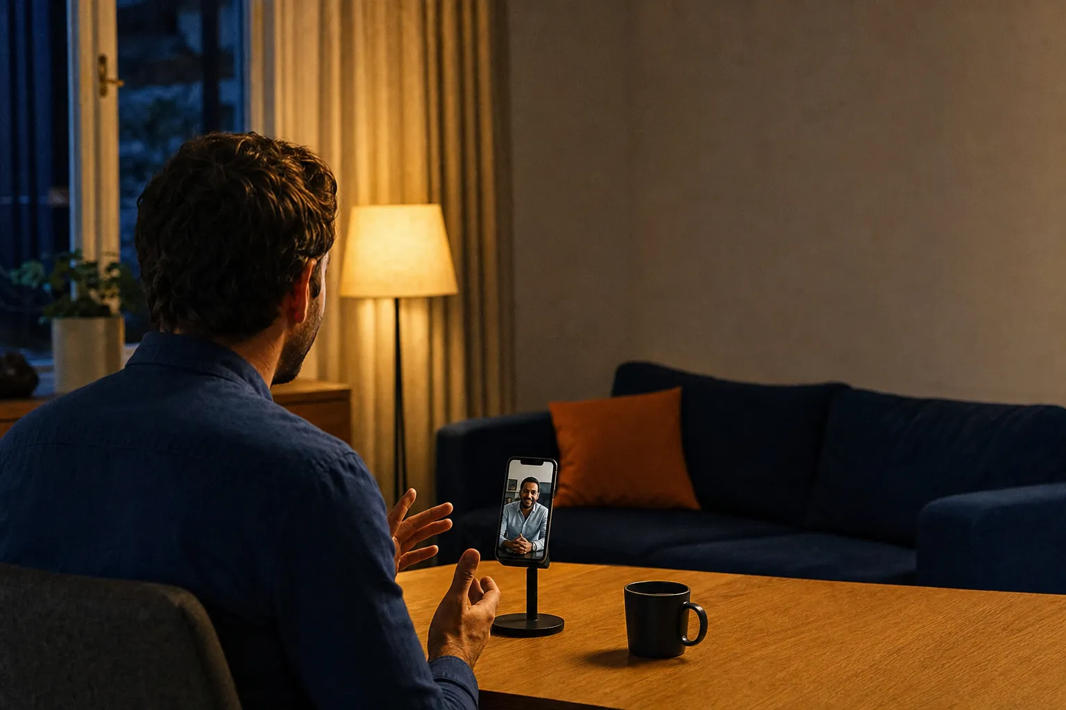 A person seen from behind at a living-room table in the evening, speaking to a smartphone on a stand that shows an interviewer, beside a lamp and a navy sofa with an orange cushion