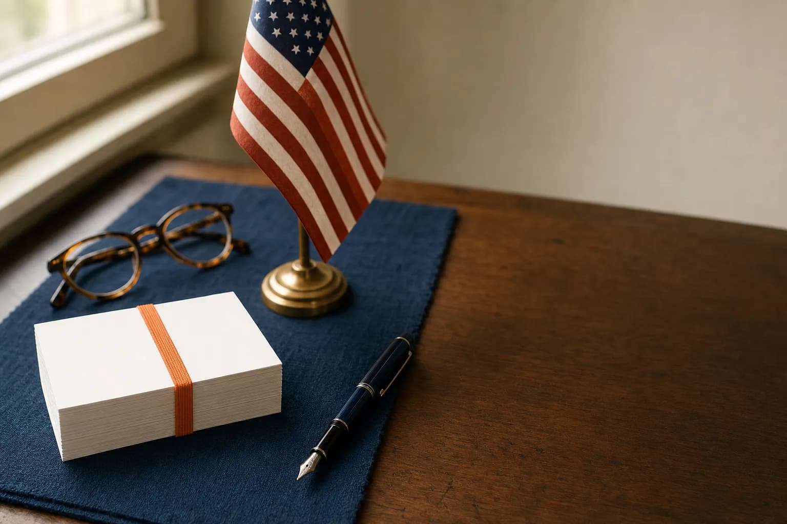 A stack of blank white index cards bound with an orange band, reading glasses, a fountain pen and a small American flag on a navy runner on a wooden desk by a window