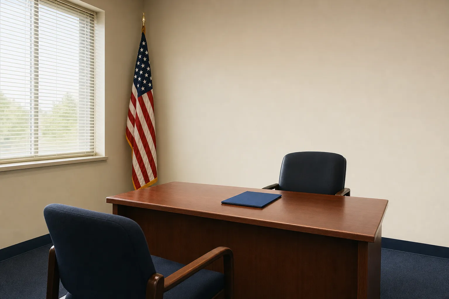 An empty government interview room: a wooden desk with a closed blue folder, two navy chairs facing each other, an American flag on a stand and a window with white blinds