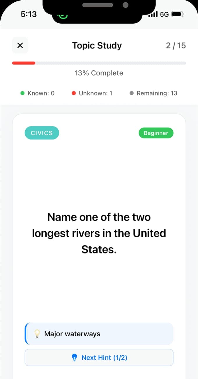 A Topic Study flashcard in USCIS Interview Practice, card 2 of 15 at Beginner level, asking to name one of the two longest rivers in the United States, with a Major waterways hint and a second hint available