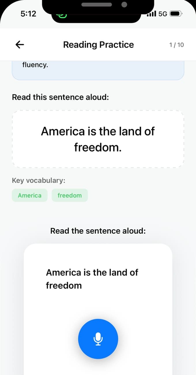 Reading Practice in USCIS Interview Practice: read America is the land of freedom aloud, with the key vocabulary marked