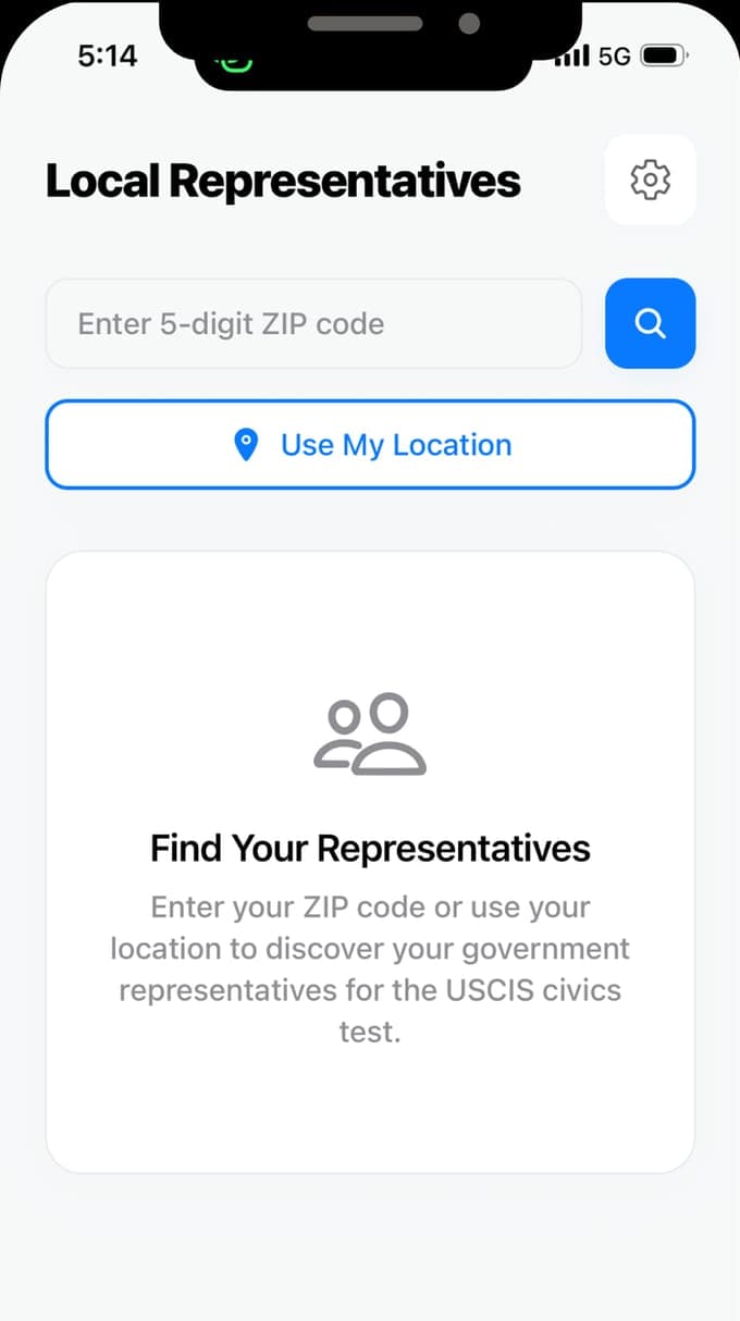 The Local Representatives screen of USCIS Interview Practice with a ZIP code field and a Use My Location button