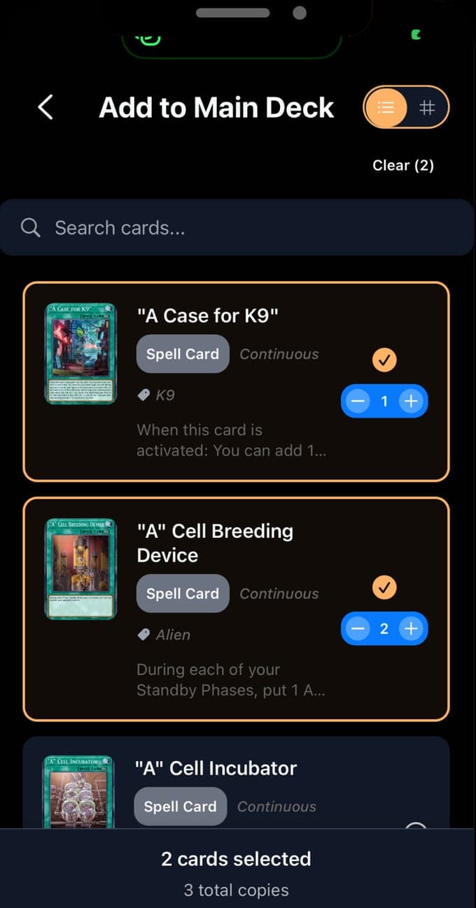 Add to Main Deck in Yu-Gi-Oh Card Scanner mit zwei ausgewählten permanenten Zauberkarten