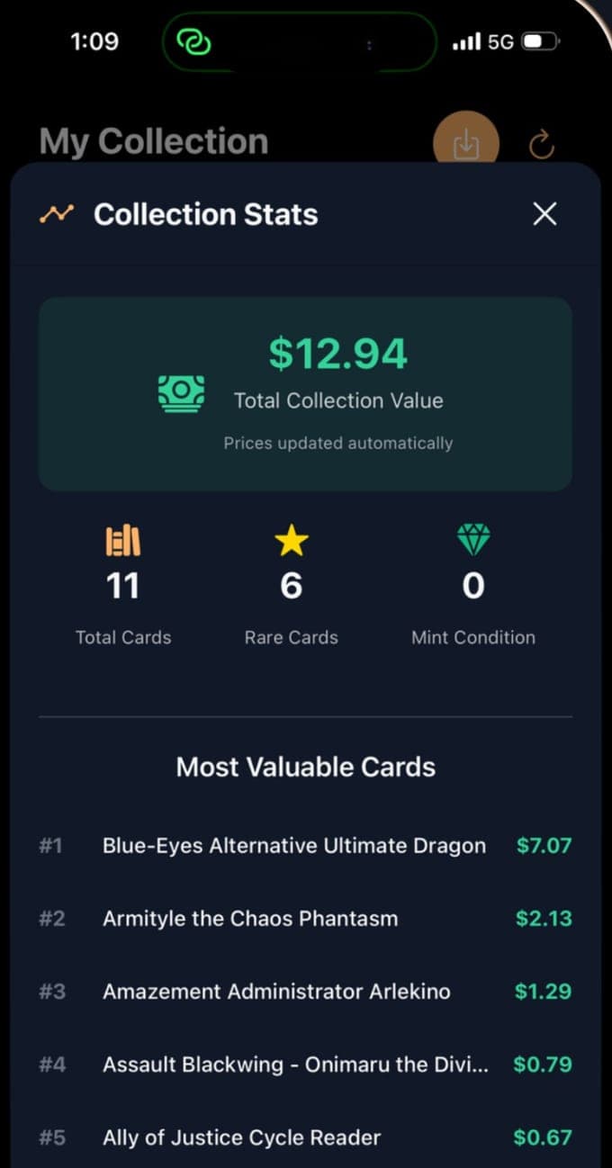 Collection Stats in Yu-Gi-Oh Card Scanner mit dem Gesamtwert der Sammlung und der Liste der wertvollsten Karten