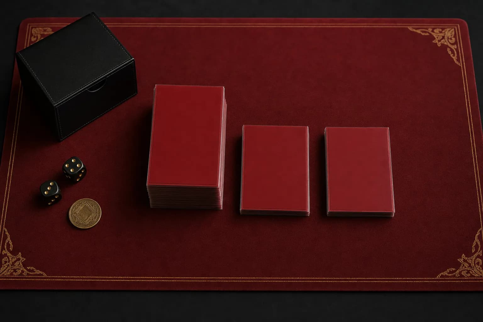A top-down view of a crimson playmat with three piles of face-down red-backed cards, one tall and two short, a black deck box, two dice and a gold coin