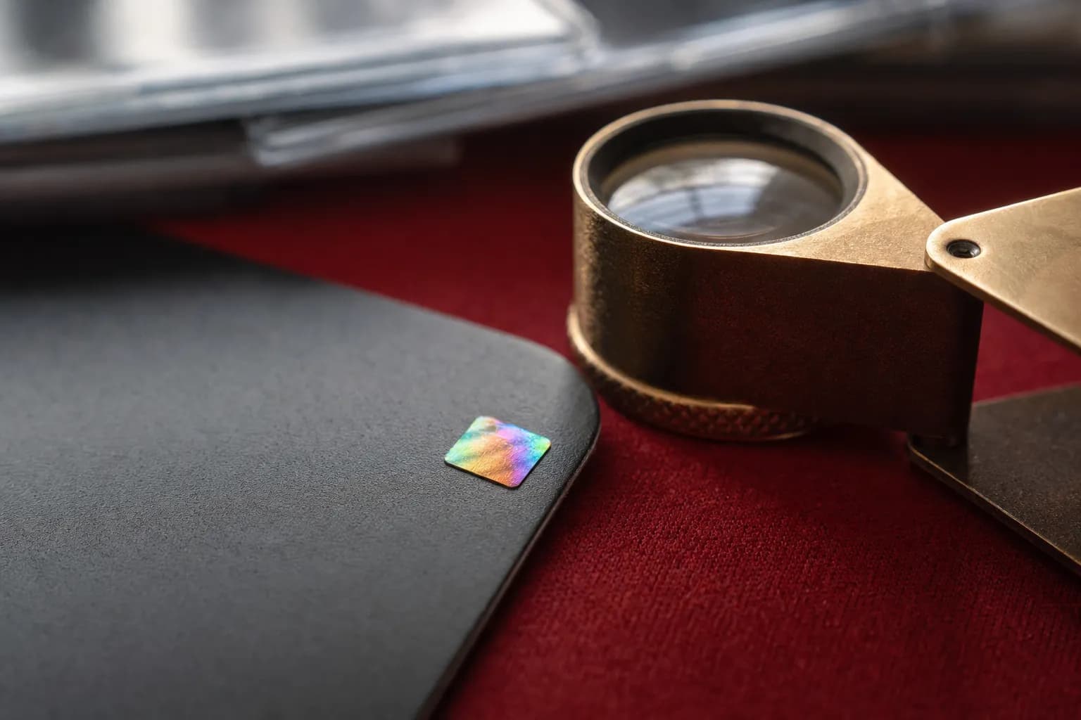 Extreme close-up of the corner of a blank matte card on a crimson mat with a small square holographic foil catching the light, a brass loupe beside it