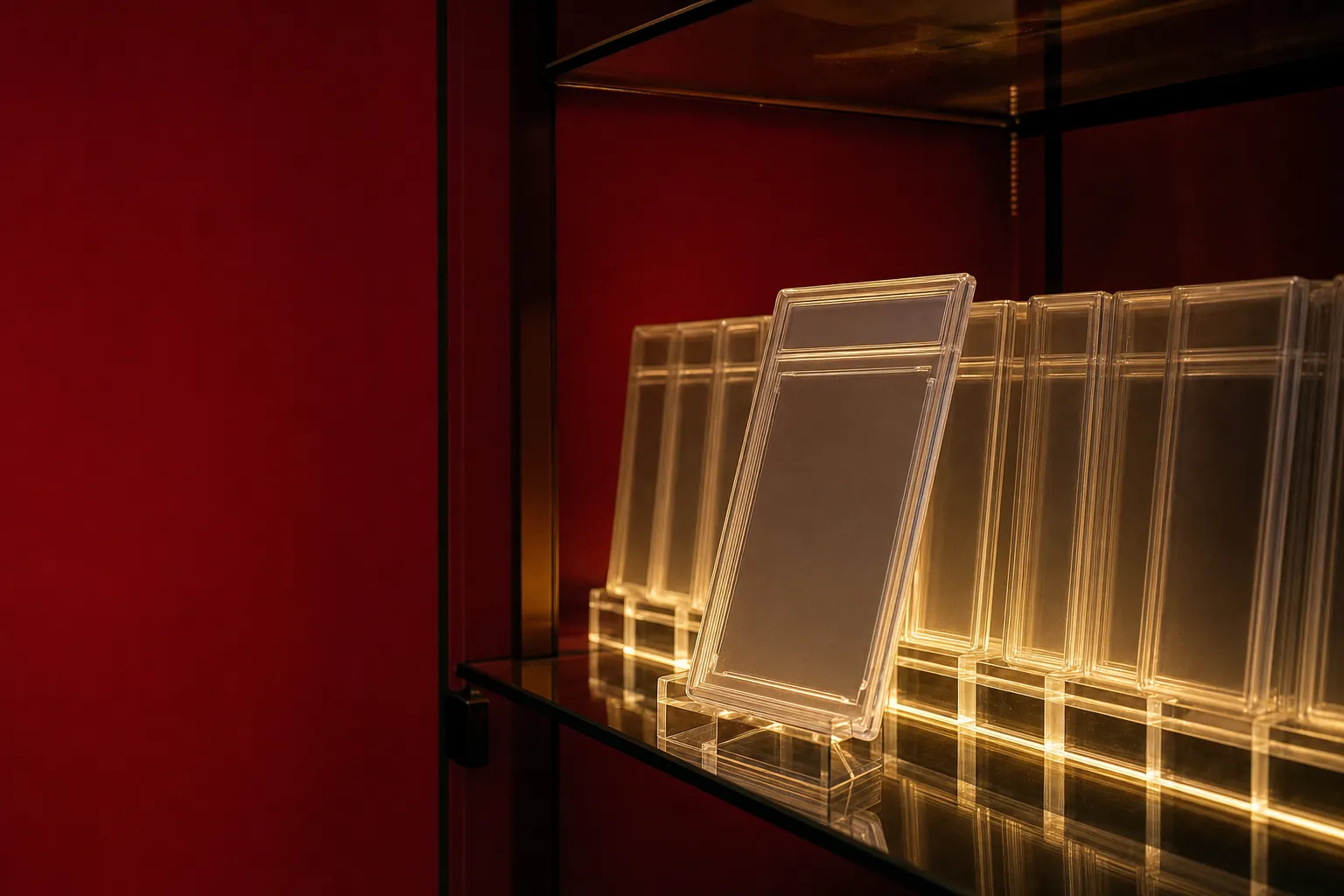 A row of empty clear acrylic grading slabs in a display cabinet with warm gold under-lighting against a crimson backdrop, one slab pulled forward