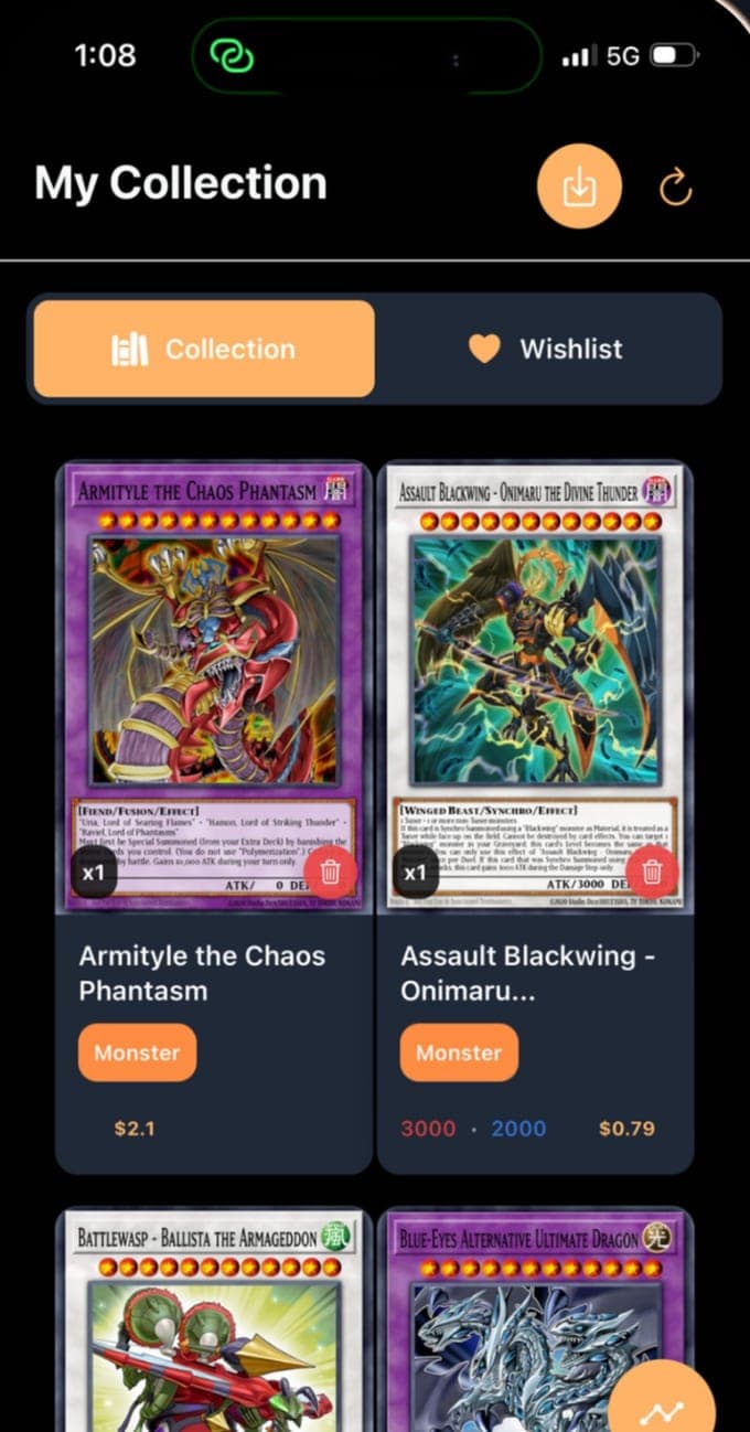 The My Collection screen of Yu-Gi-Oh Card Scanner with Collection and Wishlist tabs and a grid of owned cards, Armityle the Chaos Phantasm and Assault Blackwing, each tagged Monster with a price